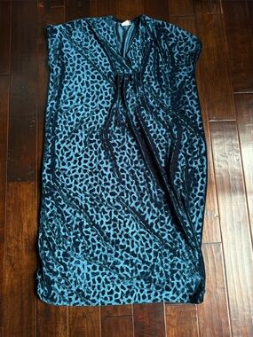Vintage Vanity Fair Velvet Caftan Dress Teal Leopard Print Duster One Size